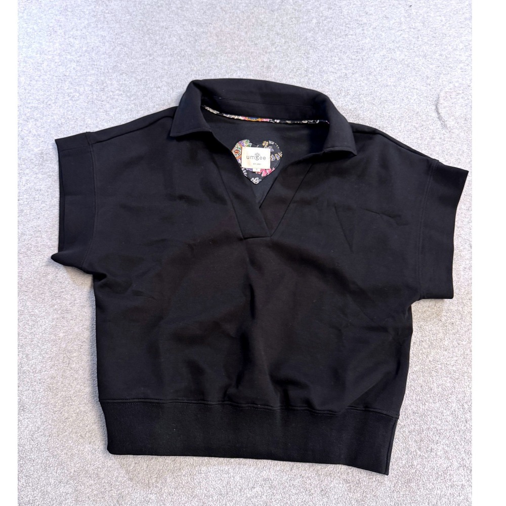 Umgee Black Cropped Collared Pullover Womens S Boxy Short Sleeve Top Casual Chic